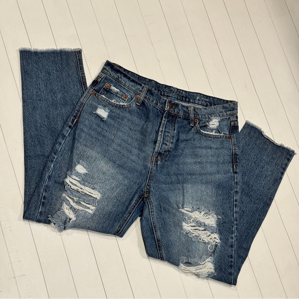 Arizona‎ Jeans Button Fly Distressed Ripped Denim Ankle Jeans Juniors 7 Hi Rise